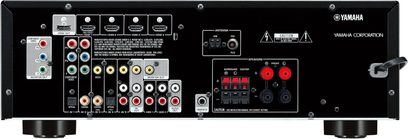 Yamaha RX-V373 sort hjemmebiografsforstærker, bagside, audio/video-tilslutninger, HDMI-stik, komponent-, optiske og koaksiale stik