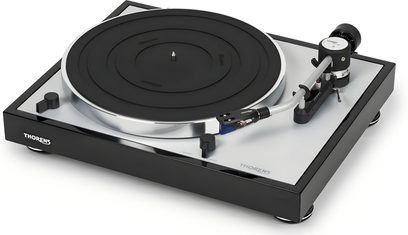 Thorens TD 403 DD sort lakeret pladespiller, set ovenfra, tonarm med pickup, mat sort pladedrev, sølvfarvede knapper og fødder