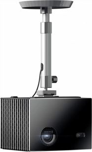 Valerion CMB-01 silver metal ceiling mount kit, front view, with circular plate, cylindrical pole featuring a cable pass-through, and mounting arms supporting a black rectangular projector with a front lens