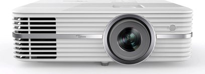 Optoma UHD52ALV hvid videoprojektor, set forfra, højttallergitter foran, linsen forskudt til højre