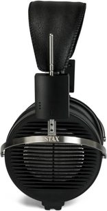 Avatud hifi-kõrvaklapid STAX SR-X1, eestvaade, must kõrvapadi metallvõrega ja must nahast peapael
