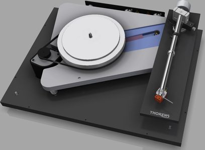 Gramofon Thorens TD 1601 ořech s raménkem, talířem a ovládacími prvky, pohled shora v perspektivě, na šedém pozadí