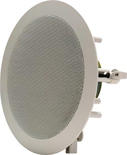 Indbygget loftshøjttaler fra Davis Acoustics 130RO, hvid, tæt forfra, med cirkulær metalrist