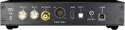 Convertisseur audio DAC Audiobyte Hydra Z noir, face arrière, connecteurs RCA, XLR, optique, coaxial, USB, Ethernet, IEC