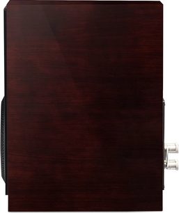 Paradigm Founder 40B bookshelf speaker in dark cherry wood finish, front view, dark wood finish, black grille, silver binding posts