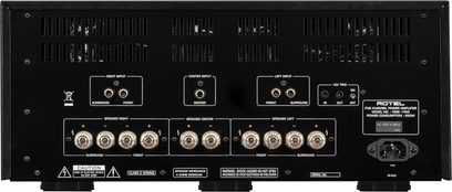 Zesilovač Rotel RMB-1555 v černé barvě, zadní pohled, audio konektory, ventilační mřížky, napájecí zásuvky