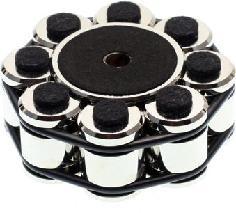 Chrome stabilizer clamp for Thorens turntables, top view, circular black surface with perforated center, 8 silver cylinders surrounded by black bands, tops of the cylinders covered with black pads