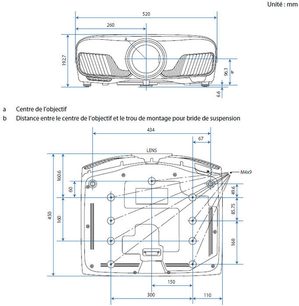 Teknisk diagram med front-, side- og topvisninger af en Epson EH-TW9300 videoprojektor med målestoksangivelser i millimeter