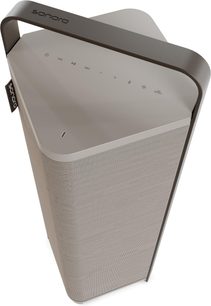 Altoparlante Bluetooth portatile Sonoro Vibes XL color tortora, formato a colonna con maniglia metallica e comandi touch sulla parte superiore