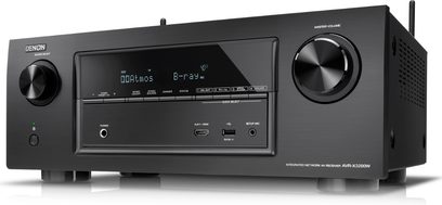 Denon AVR-X3200W sort hjemmebiografsforstærker, frontpanel, frontvisning, LED-display, knapper og justeringsdrejeknopper