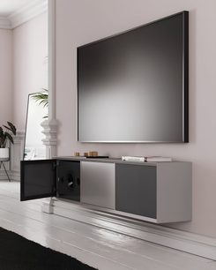 Szafka audio-wideo Clic Classic Series Model 23 w matowej szarości, front z 3 panelami, w tym panel z tkaninową maskownicą i otwartymi drzwiczkami, widok pod kątem 3/4