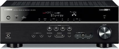 Yamaha RX-V575 black home theater amplifier, front view, black facade with blue display, buttons and front panel inputs