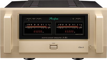 Integreret stereo hi-fi forstærker A-80, set forfra, gylden finish, to store sorte skærme, knapper og lysindikatorer