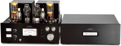Line Magnetic LM-845 Premium sort hi-fi rørforstærker, set forfra og ovenfra, med 4 synlige rør på hver side