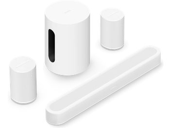 White Sonos Beam Ultra pack with soundbar, two Era 100 speakers and Sub Mini subwoofer