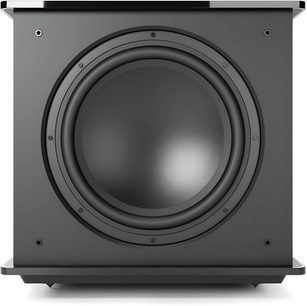 Subwoofer MartinLogan Grotto 15 v černém lesklém provedení s velkým předním reproduktorem při pohledu zepředu