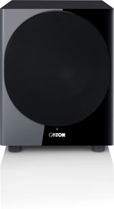 Canton Townus 12 Sub -subwoofer, mustakiiltoinen, suuri kiiltävä etulevy ja pyöreä musta ritilä, edestä kuvattuna
