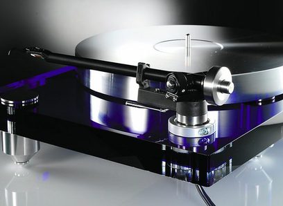 Thorens TD 2030 blå akryl pladespiller, frontvisning i nærbillede, tonarm og pickup monteret, glasplade