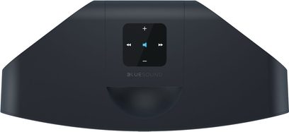 Trådløs, tilsluttet BlueSound PULSE MINI højttaler i sort, set ovenfra, hexagonal form, berøringsknapper til kontrol