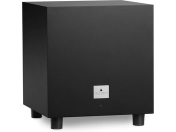 Triangles Tales 340 svart matt subwoofer, frontvy, silverfärgad logotyp, kubisk form, svart frontpanel