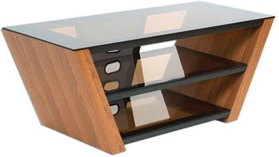 Træ-TV-møbel med glashylde, 2 åbne hylder og 2 låger, moderne stil, set forfra i perspektiv