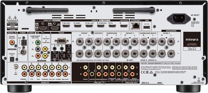 Integra DRX 5.4, arka görünüm, HDMI, ses, video, Ethernet, USB bağlantı noktaları, koaksiyel ve optik girişler, hoparlör terminalleri