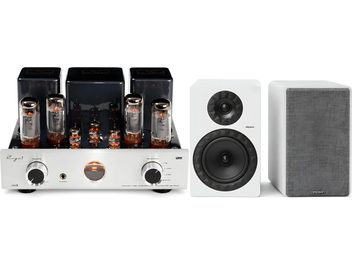 Silver Cayin tube hi-fi amplifier with two white Elipson bookshelf speakers, one with a gray grille