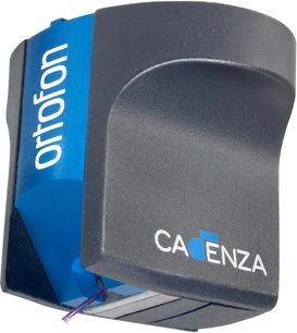 Cela Ortofon Cadenza Blue pro vinylové desky, pohled zepředu a ze strany, modro-tmavě šedé pouzdro s bílým nápisem