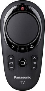 Oval sort Panasonic TV-fjernbetjening med runde røde knapper, retningsknapper og talknapper, set forfra