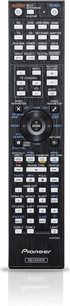 Sort Pioneer VSX-LX53 fjernbetjening med mange knapper, drejeknap og LCD-skærm, set forfra