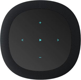 WiiM Sound Display smart højttaler i sort, set fra oven, stofoverflade, touchpanel, cyanfarvede ikoner +, -, afspilning, pile