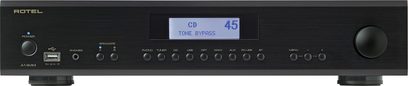 Rotel A14 MKII sort hi-fi stereoforstærker, frontvisning, CD 45-display, frontknapper og -stik, to fødder