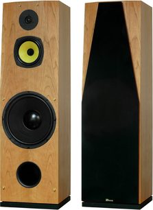 Lydsøjle fra Davis Acoustics Cesar i lyst træ, frontpanel med gul højttaler, sort diskant og rektangulært basrefleksport