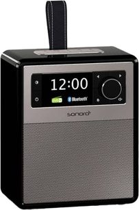 Sonoro Easy sort radio - blank og sølv, frontpanel, LCD-skærm der viser 12:00, knapper og gitterdækket højttaler i sølv