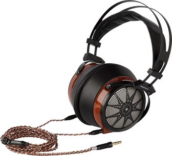 Åben hi-fi hovedtelefon Sendy Audio Apollo, cirkulære træmembraner, hovedbøjle i sort læder, brunt flettet kabel med 3,5 mm jackstik