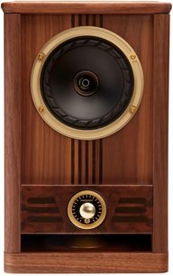 Diffusore da scaffale Fyne Audio Vintage Five con finitura in legno, altoparlante nero bordato d’oro e regolazione frontale