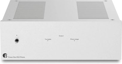 Alimentazione esterna Pro-Ject Power Box RS2 Phono argento, vista frontale, chassis rettangolare con interruttore a levetta