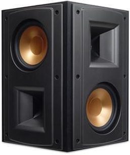 Sorte Klipsch RF-63 gulvhøjtalere, tæt forfra, de gyldne højttalere kan ses bag de sorte gitre