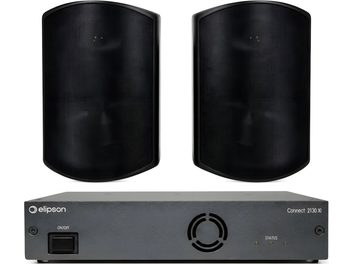 Elipson Connect 2130 Xi audio package with pair of black speakers with front grille and black front-panel amplifier