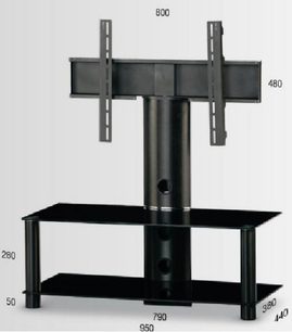 Sort TV-møbel med 2 lodrette søjler, glashylde, dimensioner i mm: L950 x D440 x H800
