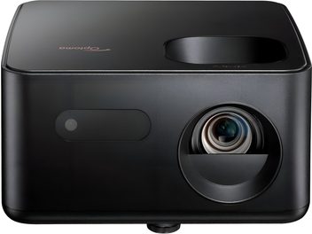 Proiector video Optoma Photon Life PH31 negru din plastic mat, vedere din față, lentilă în dreapta și fereastră ovală în stânga