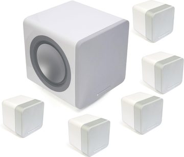 Sistem 215 bele barve Cambridge Audio, sestavljen iz kubičnega nizkotonskega zvočnika in 5 kubičnih satelitskih zvočnikov, pogled od spredaj na beli podlagi