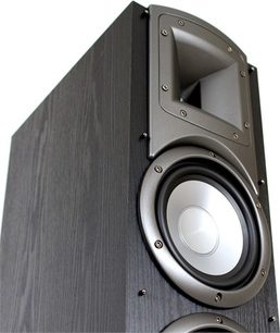Kolumna głośnikowa Klipsch Synergy F2 w kolorze czarnym, widok z przodu z bliska, z widocznymi głośnikiem głównym, wysokotonowym i otworami bass-refleks