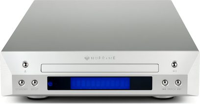 Nuprime CDT-10 sølvfarget CD-spiller, frontvisning, sølvfarget frontpanel med blå skjerm, kontrollknapper og sporåpning