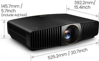BenQ W5800 fekete vetítő, előlről és felülről látható, méretek mm-ben és hüvelykben, excentrikus objektívvel