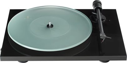 Pro-Ject T1 EVO BT hi-fi turntable with frosted glass platter, black tonearm, and glossy black rectangular base