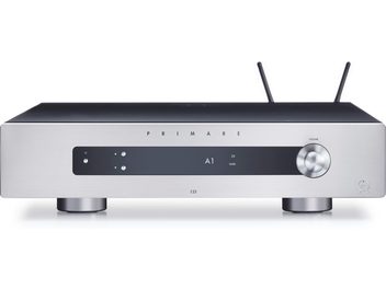 Primare I25 Prisma DM36 Stereo-Hi-Fi-Verstärker silber, Frontansicht, gebürstete Aluminiumfront, LED-Display, Bedienknöpfe und -Drehregler, Kopfhörerbuchse