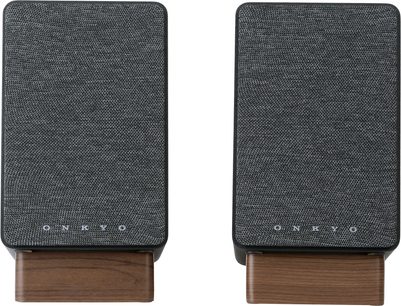 Bærbare bluetooth-højttalere GX-30ARC sort, frontvisning, mørkegrå stofgitter, rektangulær træbase i brun, synligt logo