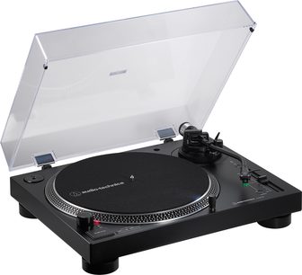 Sort Audio Technica AT-LP120XBTUSB pladespiller med gennemsigtig låg, tonarm og rund plade