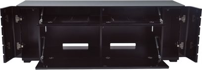 Norstone Design Baho sort lakeret TV-møbel, 4 svingbare døre, 2 centrale nicher, set forfra